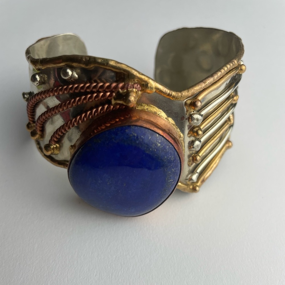 Vintage Brutalist Handmade Artisan Lapis Lazuli Hammered Metal Cuff Bracelet